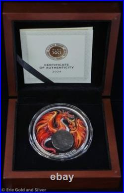 2024 Dragon Chronicles of Fire 2 oz Antiqued Silver Coin with Obsidian in OGP
