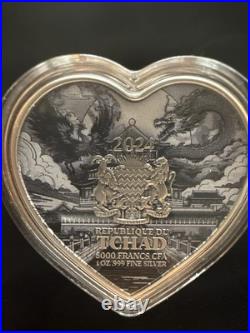 2024 Dragon & Phoenix Heart 1 oz Silver Coin Antique High Relief Chad