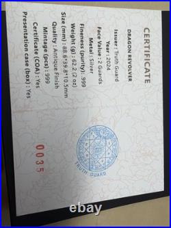 2024 Dragon Revolver 2 oz Silver Antique Finish Coin With Case & COA SN #35/999