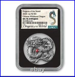 2024 FIJI 1oz Silver Ultra High Relief Year Of The Dragon NGC MS70 Antiqued Slab