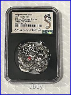 2024 FIJI 1oz Silver Ultra High Relief Year Of The Dragon NGC MS70 Antiqued Slab