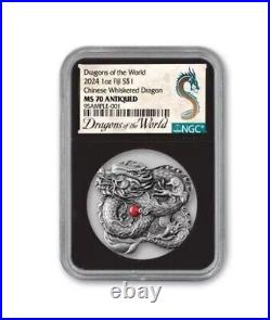 2024 Fiji 1 oz Silver Dragons of the World Chinese Whiskered Dragon NGC MS70 COA