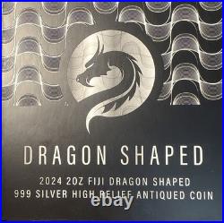 2024 Fiji Dragon Shaped 2oz. 999 Silver Coin High Relief Antiqued COA #047