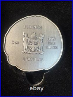 2024 Fiji Dragon Shaped 2oz. 999 Silver Coin High Relief Antiqued COA #047
