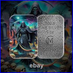 2024 Grim Reaper 2 oz. 999 Silver Antiqued Colorized Cast Bar in Box with COA