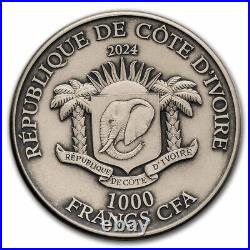 2024 Ivory Coast 1 oz Antique Silver P. De Greef Rhino