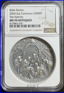 2024 Nativity Bible Stories 2oz MS 70 Antiqued Silver NGC, Cameroon. High Relief