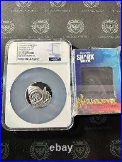 2024 Niue 2 oz Silver Antiqued Discovery Shark Week Great White Shark NGC MS70