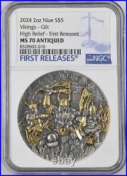 2024 Niue Vikings 2 oz Silver Antiqued Gilded High Relief-NGC MS70 Antiqued 2024 Niue Vikings 2 oz Silver Antiqued Gilded High Relief-NGC MS70 Antiqued