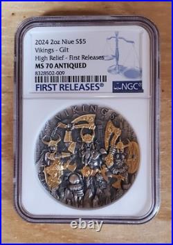 2024 Niue Vikings 2 oz Silver Antiqued Gilded High Relief-NGC MS70 Antiqued 2024 Niue Vikings 2 oz Silver Antiqued Gilded High Relief-NGC MS70 Antiqued