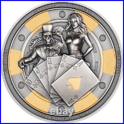 2024 Palau Poker Card Guard 1 oz Silver Antiqued Gilded Coin