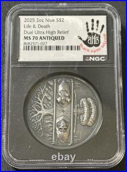 2025 2 Oz. 999 Silver Black Hand Bullion Life & Death Dual UHR NGC MS70 Antiqued