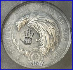 2025 2 Oz. 999 Silver Black Hand Bullion Life & Death Dual UHR NGC MS70 Antiqued
