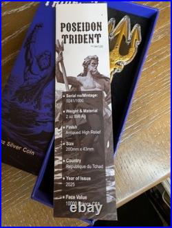 2025 2 oz Republic of Chad. 999 Silver Poseidon Trident Coin COA, High Relief