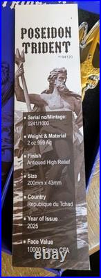 2025 2 oz Republic of Chad. 999 Silver Poseidon Trident Coin COA, High Relief