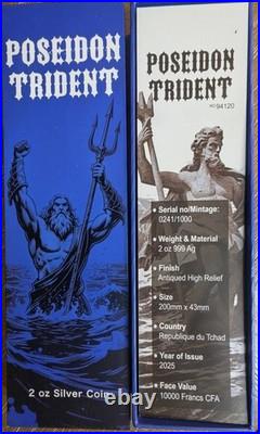 2025 2 oz Republic of Chad. 999 Silver Poseidon Trident Coin COA, High Relief