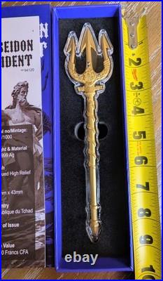 2025 2 oz Republic of Chad. 999 Silver Poseidon Trident Coin COA, High Relief