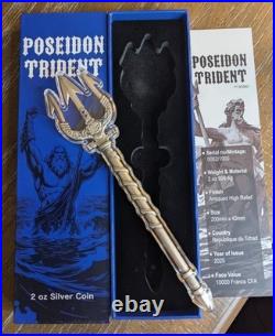 2025 2 oz Republic of Chad. 999 Silver Poseidon Trident Coin COA, High Relief S