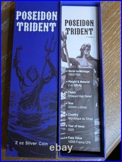2025 2 oz Republic of Chad. 999 Silver Poseidon Trident Coin COA, High Relief S
