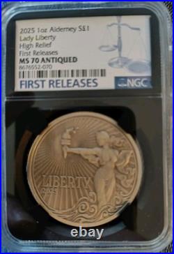 2025 Alderney UK £1 LADY LIBERTY 1 Oz Silver UHR NGC MS70 Antiqued FR Enhanced