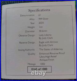 2025 Alderney UK £1 LADY LIBERTY 1 Oz Silver UHR NGC MS70 Antiqued FR Enhanced