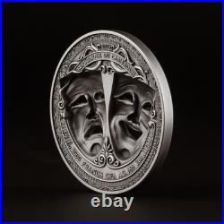 2025 Cameroon 2 oz Antiqued Silver Holed Mask Coin Comedy & Tragedy