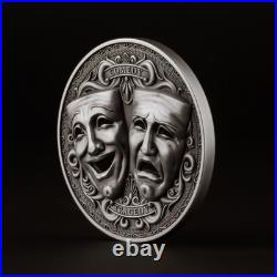 2025 Cameroon 2 oz Antiqued Silver Holed Mask Coin Comedy & Tragedy