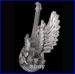 2025 Cameroon Divine Music Guitar of Angel 2 oz Silver Antiqued Shaped Coin 2025 Cameroon Divine Music Guitar of Angel 2 oz Silver Antiqued Shaped Coin