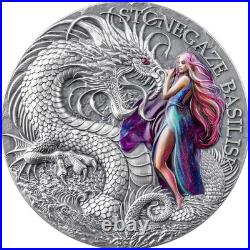 2025 Cameroon Stonegaze Basilisk The Dragonology 2 oz Antique finish Silver Coin