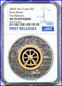 2025 FERRIS WHEEL Antiqued 2oz Colored Silver $2 COIN withSwarovski NGC MS70 F