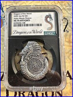 2025 Fiji 1 oz Silver Shaped Aztec Mayan Dragons of the World NCG MS70 Antiqued