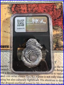 2025 Fiji 1 oz Silver Shaped Aztec Mayan Dragons of the World NCG MS70 Antiqued