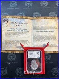 2025 Fiji 1 oz Silver Shaped Aztec Mayan Dragons of the World NCG MS70 Antiqued