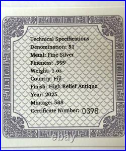2025 Fiji Lunar Snake Bar High Relief Antiqued 1 oz Silver Coin