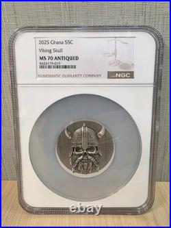 2025 GHANA S5 Cedes VIKING SKULL? 1 oz ANTIQUED SILVER COIN NGC MS 70