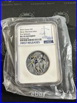 2025 Ghana 1 oz Silver High Relief Miner Memento Mori NGC MS70 Antiqued FR