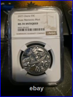 2025 Ghana 1 oz Silver High Relief Pirate Memento Mori NGC MS70 Antiqued FR