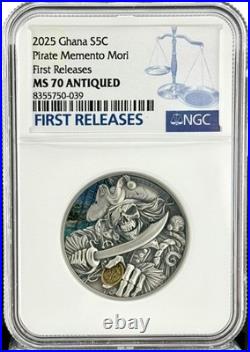 2025 Ghana 1 oz Silver High Relief Pirate Memento Mori NGC MS70 Antiqued FR 2025 Ghana 1 oz Silver High Relief Pirate Memento Mori NGC MS70 Antiqued FR