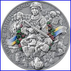 2025 Ghana Ukraine. Battle Hardened 2.0 2 oz Antique finish Silver Coin