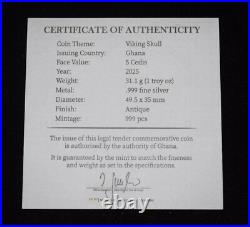 2025 Ghana Viking Skull Series 1 oz. 999 Silver Antique Finish Coin withOGP & COA