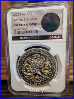 2025 NGC REVERSE PF70 ANTIQUED Niue Samurai Dragon Rose Gold Gild SAMURAI JACKT