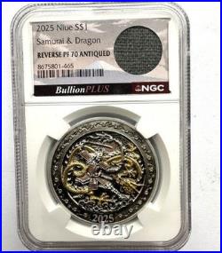 2025 Niue S $1 Samurai & Dragon Coin, Reverse PF 70 Antiqued, NGC Graded