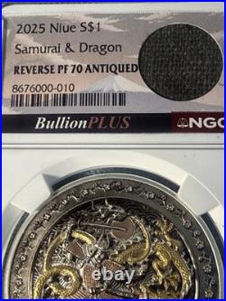 2025 Niue Samurai & Dragon Rose and Gold Gild 1 oz Silver Reverse Proof NGC PF70