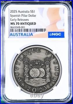 2025 Pillar 1oz Antiqued Silver NGC MS70 $1 Coin 225 A. AUSTRALIA PROCLAMATION E
