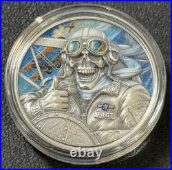 2026 1 Oz. 999 Silver Ghana Pilot Memento Mori High Relief Colorized Coin Sick