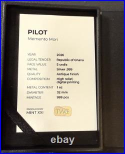 2026 1 Oz. 999 Silver Ghana Pilot Memento Mori High Relief Colorized Coin Sick