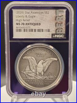 2026 Ascension Island 2oz Silver Liberty Eagle HR MS70 Antiqued TraderBea BERT