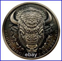 2026 Ascension Island Rogue Bison UHR Antiqued 2 Oz Silver Coin Box & COA
