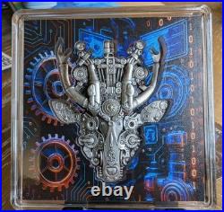 2026 Cameroon 2oz Steampunk Mech Antlers Antiqued. 999 Silver Blue UV Effect #11