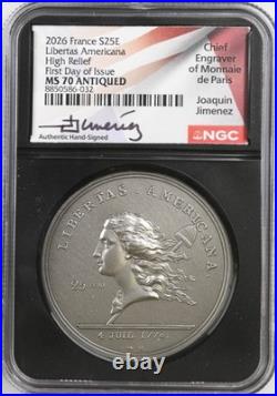 2026 France 25 Euro LIBERTAS AMERICANA 2 Oz Silver NGC MS 70 ANTIQUED FDOI